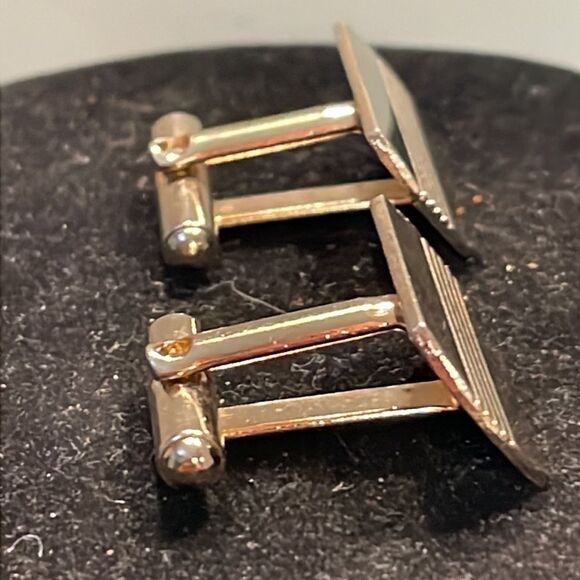 Vtg Art Deco 10kt gold plated diamond etched engravable bullet back cufflinks - Picture 10 of 14